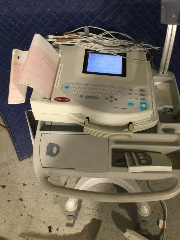 GE MAC 1200 EKG Machine With Cart And Cable Leads
